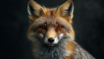 Fototapeta premium A close-up of a fox in natural light showcasing its vibrant fur and expressive eyes in a dark forest setting
