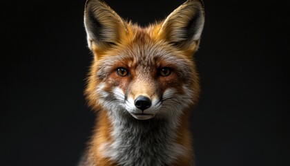 Fototapeta premium A close-up of a red fox showcasing its vibrant fur and expressive eyes against a dark background during the early evening