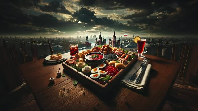 Indulge in authentic Russian cuisine with a selection of traditional delicacies, set against the stunning backdrop of Moscow&rsquo;s iconic skyline. A true celebration of Russian culture and culinary herita