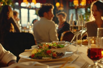 Two people enjoying a meal together, with plates of food on the table