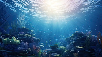 Fototapeta premium underwater coral reef seascape background with small coloful fish and transparent water
