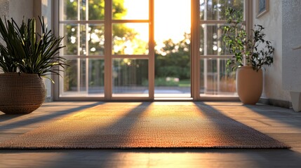Fototapeta premium Elegant Living Room Scene with Photorealistic Gradient Doormat near Glass Door in Warm Indoor Lighting
