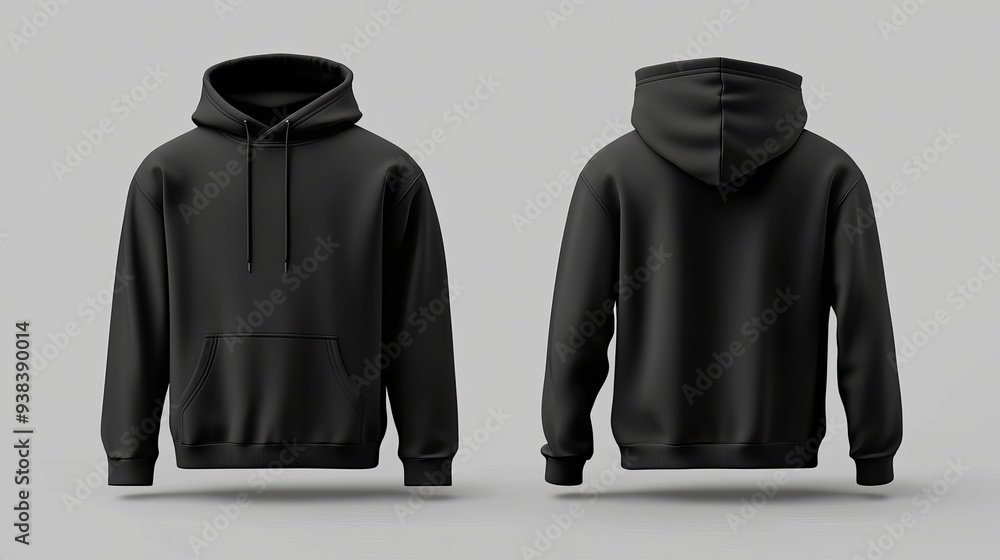 Poster blank black hoodie mockup showing both front and back views 3d rendering of an empty crewneck hooded