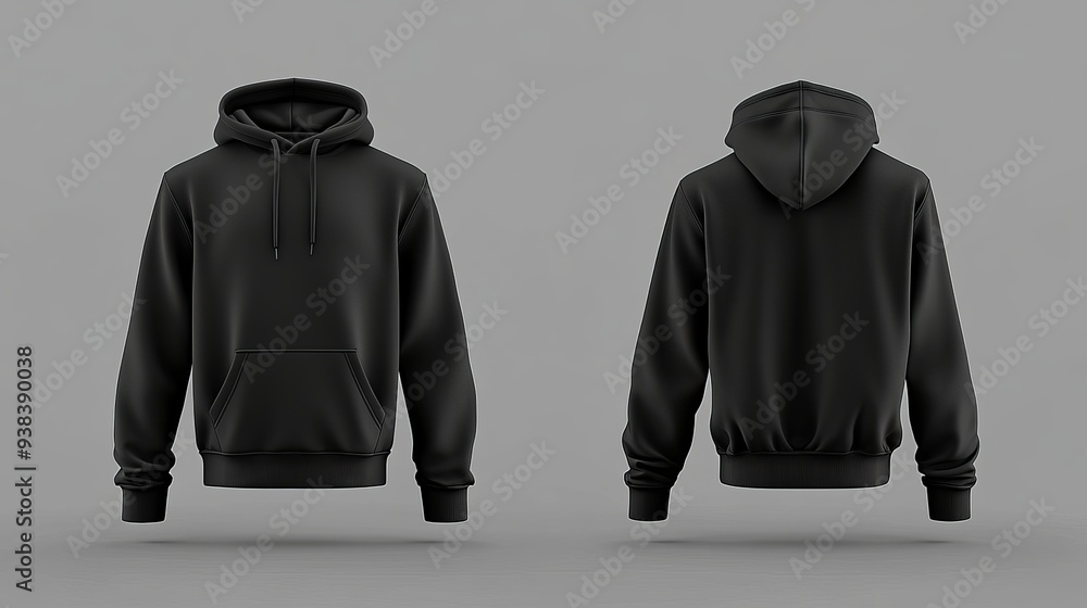 Poster blank black hoodie mockup showing both front and back views 3d rendering of an empty crewneck hooded