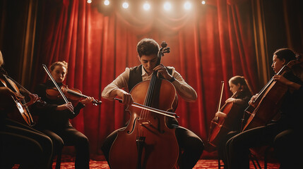Fototapeta premium Handsome young Male classical music artist passionately playing cello with string quartet musicians sitting in circle in studio with contrast top light against red curtains