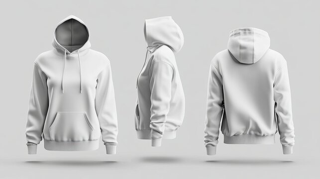 Blank white female hoodie mockup shown from front back and side views
