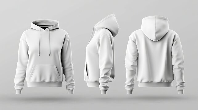 Blank white female hoodie mockup shown from front back and side views