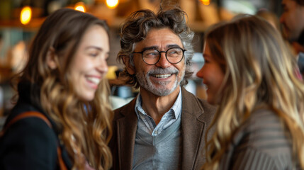 Fototapeta premium A team of employees in business clothes drink coffee in the morning in a modern cafe. Three young colleagues spend time together.
