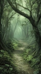 A forest path with trees and moss