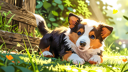 a puppy is laying in the grass with the sun shining through the background.