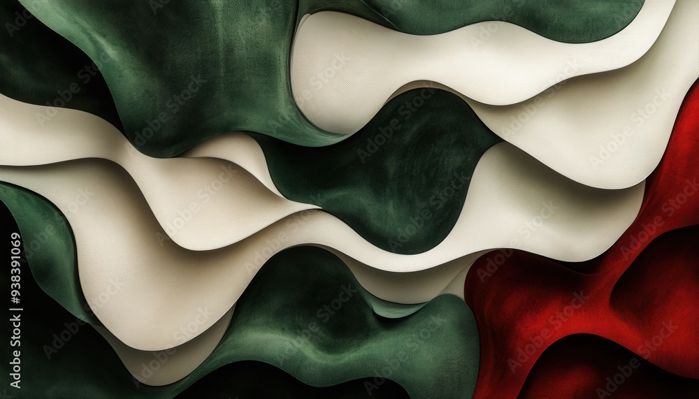 Poster abstract design featuring undulating curves in green, white, and red tones symbolizing creativity an