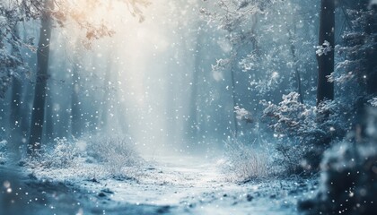 Snowfall in a serene winter forest with sunlight filtering through the trees creates a peaceful atmosphere