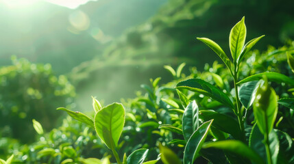 Obraz premium Bright green tea leaves grow on a sunset field. Gardening and farming concept.
