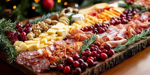 Close-up of a festive charcuterie board with meats, cheeses, nuts, and berries arranged for Christmas celebration