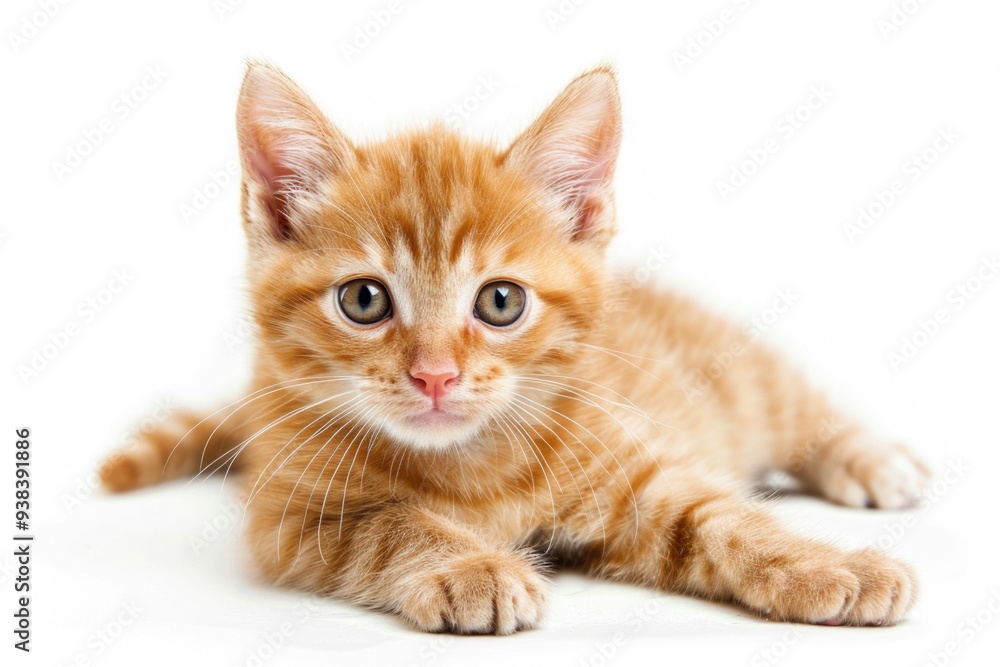 Poster a small orange kitten lying down on a white surface, ideal for use in animal-related or home decor c