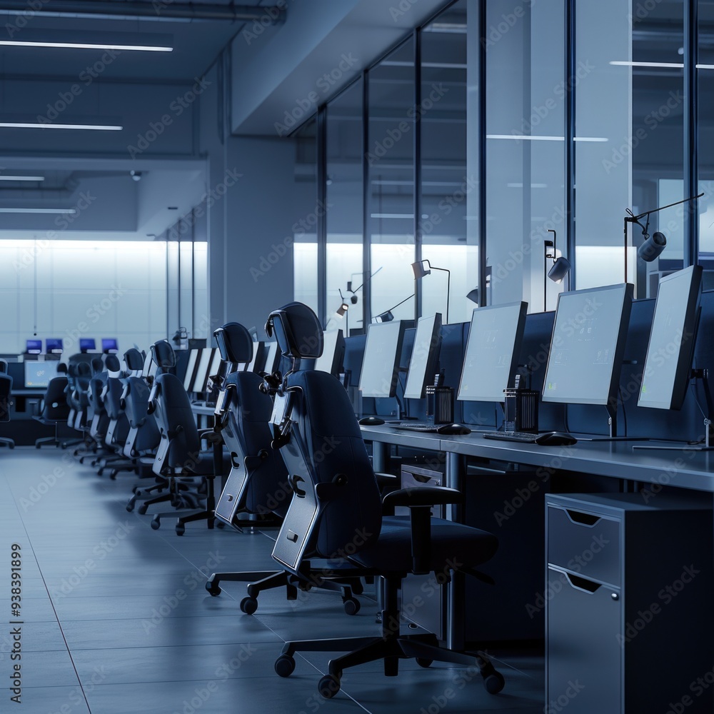 Poster row of computer desks in an office setting, suitable for corporate or educational use