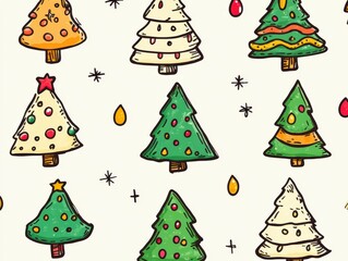 Charming Christmas tree doodle pattern with festive colors and decorations