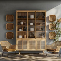 Stylish Rattan Furniture Set against Gray Wall in Natural Light