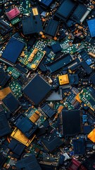 Close-up of assorted electronic components, showcasing intricate circuits and microchips, perfect for technology-themed projects and backgrounds.