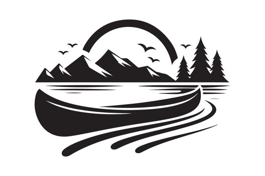 black canoe on lake with mountains clip art preview