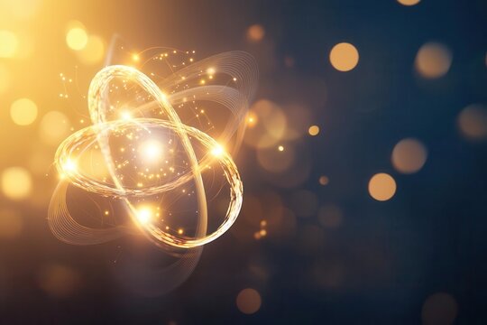 Abstract glowing atom with particles in a dark background. Concept of science, energy, power, and the universe. 3D illustration.