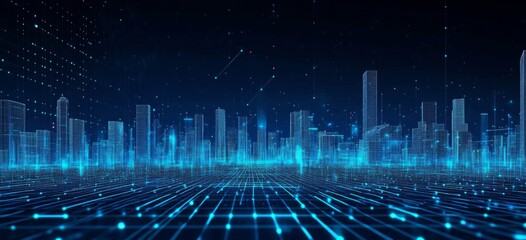 Dark Blue Background with Digital Cityscape, Glowing Lines, and Grid Patterns Representing Technology and Urban Innovation


