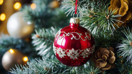 Fir branches with red ball and cones on festive background. Golden Christmas decorations with cones and fir branches.