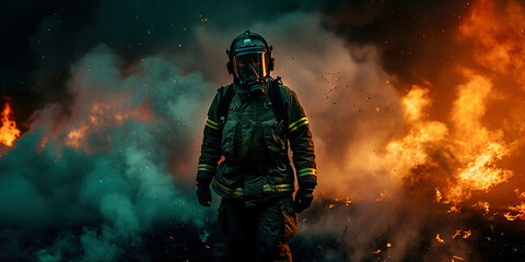 Naklejka premium Fireman on the background of fire