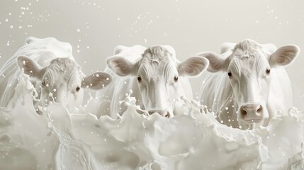 Three white cows with milk splash, isolated on a white background.