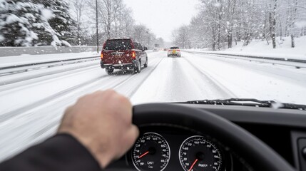A driver's perspective of a snowy road with multiple vehicles driving in winter conditions. The dashboard and snowy scenery are captured through the windshield.