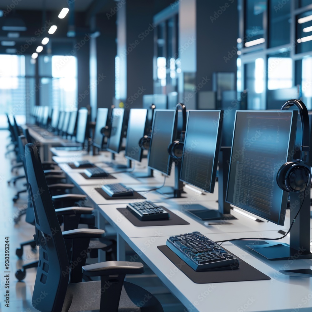 Aufkleber A row of modern computers sitting on a clean and minimalist white desk, ready for use