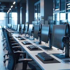 Obraz premium A row of modern computers sitting on a clean and minimalist white desk, ready for use