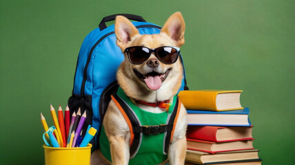 dog student on the background of backpack, books and school supplies banner. Back to school, college, university. September 1, library