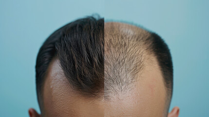 Obraz premium Close-up of a man's scalp with thinning and balding hair on one side and full, healthy hair on the other. Health concept, hair growth.