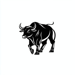 Obraz premium Minimalist black and white vector logo of a bull full body silhouette with curved horns, isolated on white background
