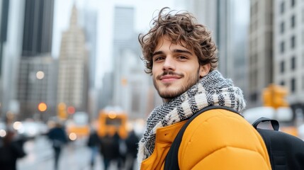 A smiling man in an orange jacket and scarf explores a busy city, symbolizing a youthful spirit, adventure, and the vibrant, energetic feel of urban life and discovery.