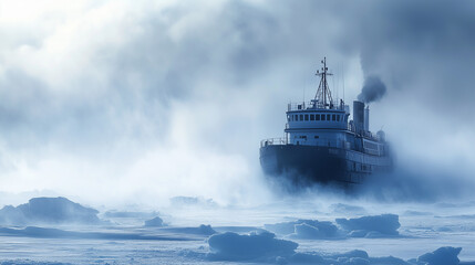 Wspaniały lodołamacz przekształca zamarznięte, mglisto-wodne przestrzenie Arktyki w imponującą scenę, przemycając się przez grube pokrywy lodowe i pokazując niezwykłe piękno tego surowego krajobrazu.