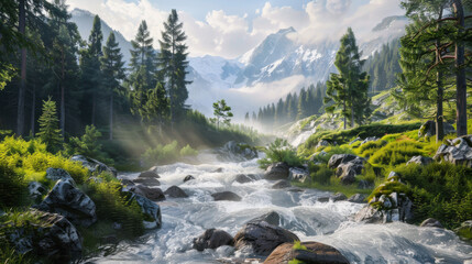 Natural landscape. A fast mountain river surrounded by dense forest against a backdrop of mountains. Nature concept.