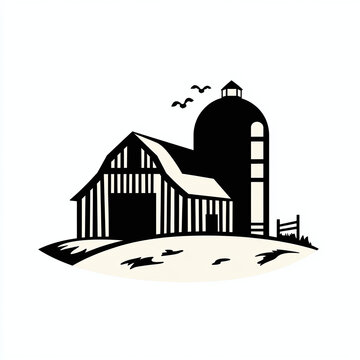 recommend clip art: Minimalist monochrome logo of a farm barn with a silo, isolated on white background