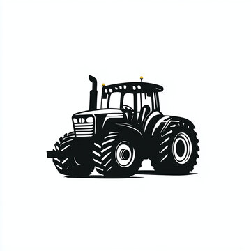 Minimalist monochrome logo of a farm tractor with a front loader, isolated on white background, isotype