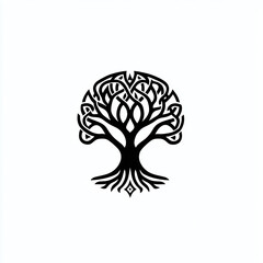 Naklejka premium Minimalist monochrome logo of a Norse tree of life (Yggdrasil), isolated on white background