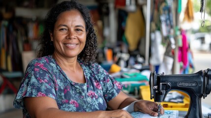 A cheerful seamstress sits at her sewing machine, smiling contentedly as she works, surrounded by fabrics and tools in her cozy, home-based workshop.