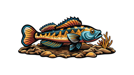 Illustrate a goby fish in a vector style, with a colorful design and vibrant colors. The fish should be on a bed of rocks and with some kelp or seaweed nearby.