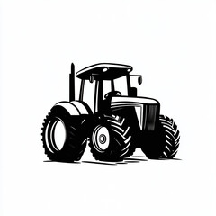 Minimalist monochrome logo of a farm tractor with a front loader, isolated on white background,...