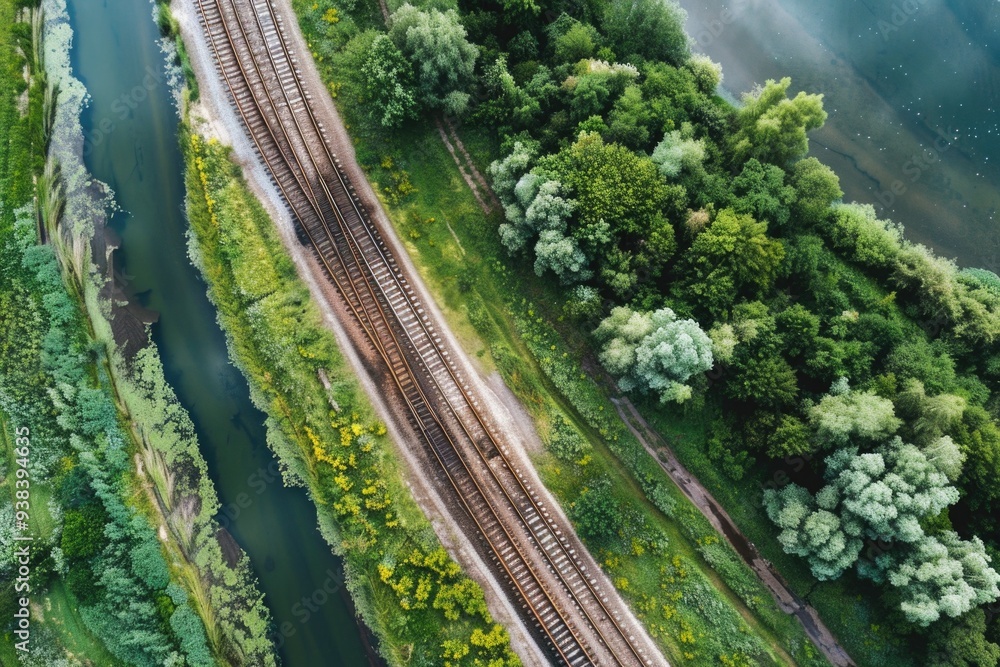 Poster Aerial view of a train track running parallel to a body of water, with scenic views and possibly used for advertising or editorial purposes