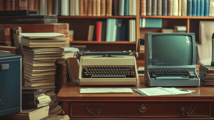Fototapeta na wymiar Klimatyczna biurowa aranżacja z przeszłości, w której znajdują się stare komputery, maszyny do pisania oraz papierowe akta, przywołująca atmosferę retro miejsca pracy.