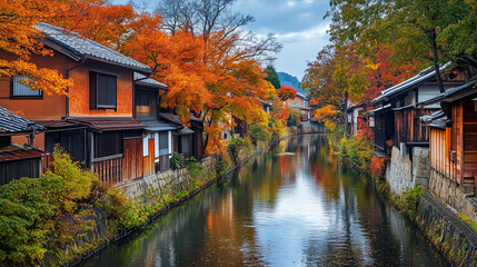Obraz premium Kanał w malowniczym miasteczku, otoczony drzewami w jesiennych barwach i klasycznymi drewnianymi domami, oddaje urok i spokojną atmosferę tej pory roku.