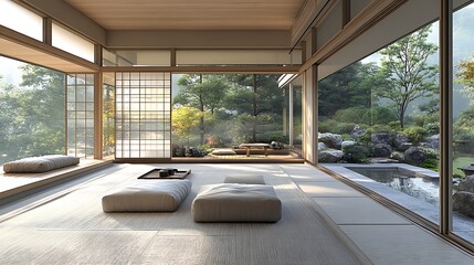 Japandi, Scandinavian interior design of modern living room.
