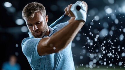 A bearded man swings a golf club with focus and precision in an indoor golf setting, with motion blur showing dynamic movement and concentration.