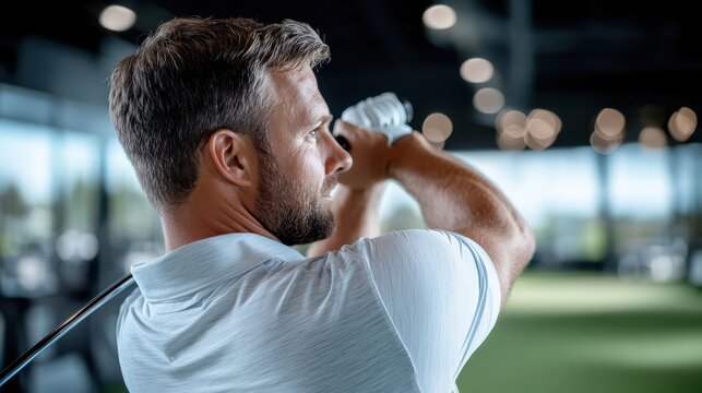 An image capturing the moment a golfer swings their club with intense focus, highlighting the action and effort in an indoor golf facility with bright lights and bokeh.